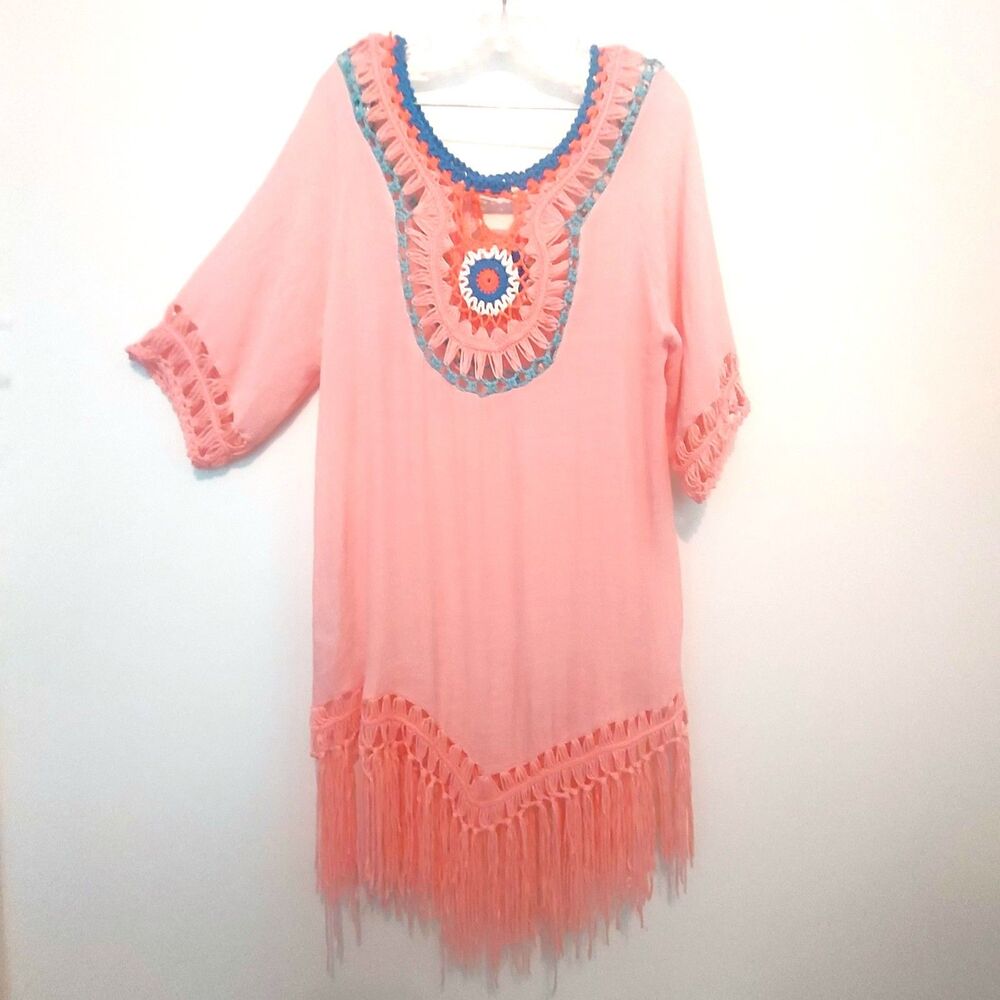 Beach by Exist Cover Up Dress S / M Peach Crochet Fringe Oversized